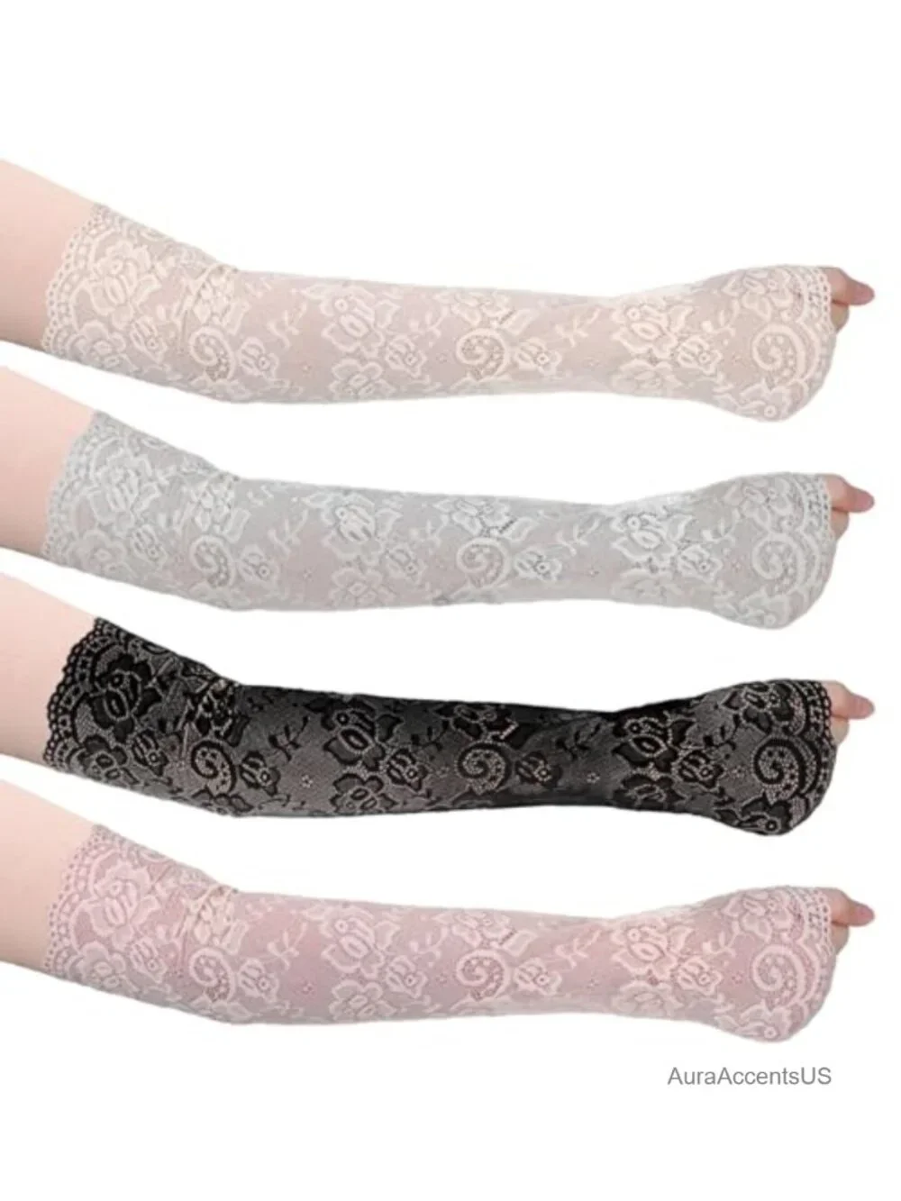 Women Lace Arm Sleeves Fingerless Gloves Elbow Length Floral Hollow Arm Warmers